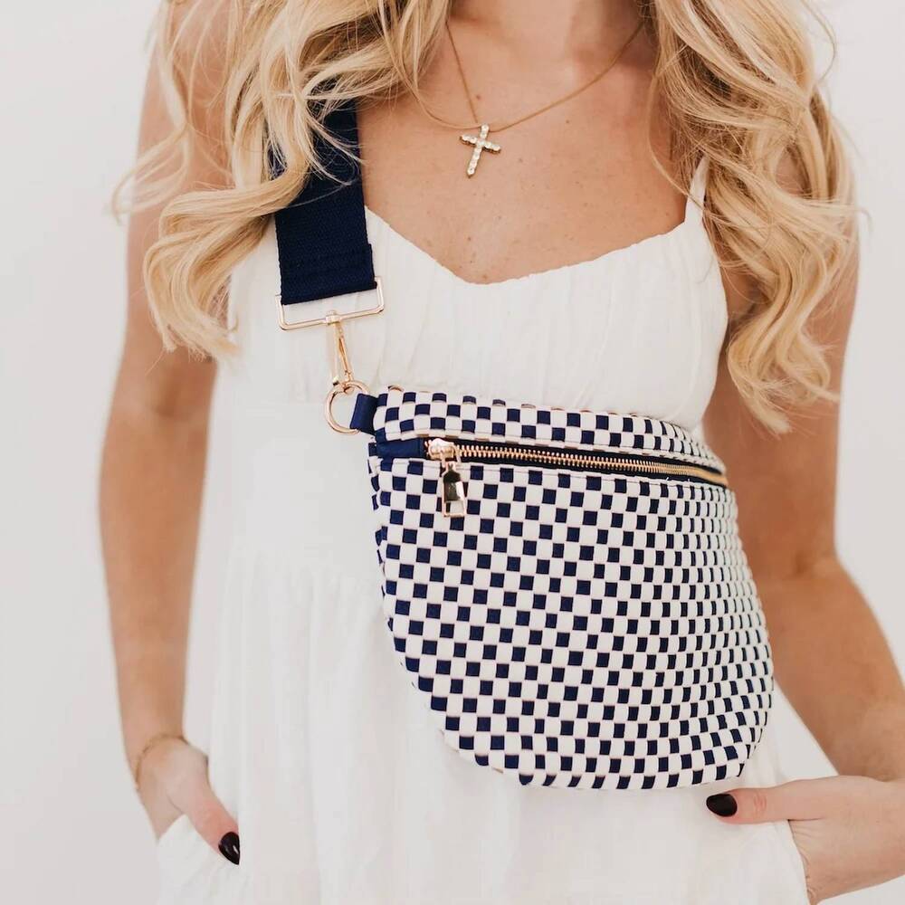 NEW PRETTY SIMPLE women's westlyn woven bum bag in checkered navy